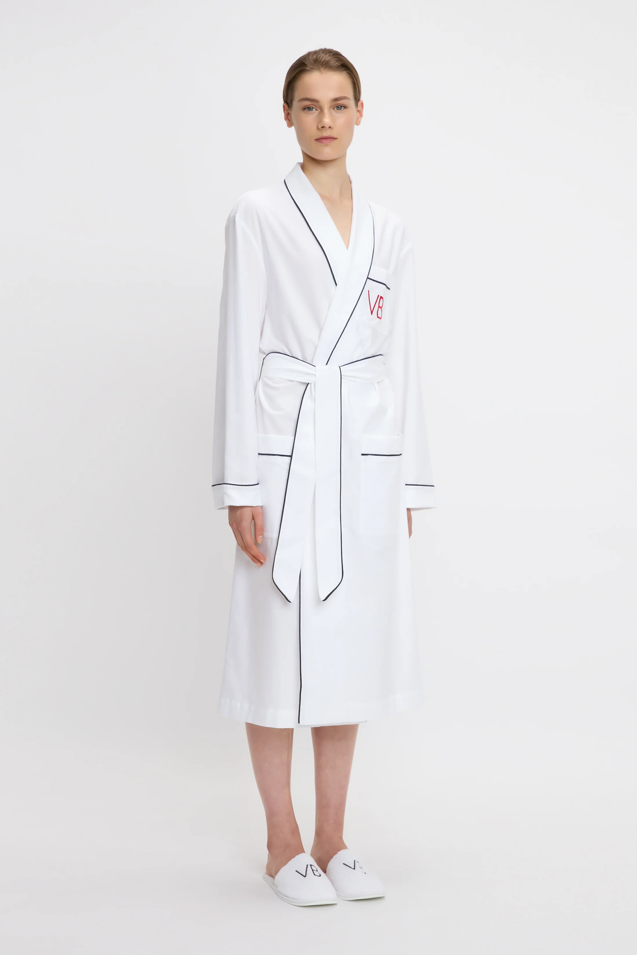 Piping Detail Pyjama Robe In White