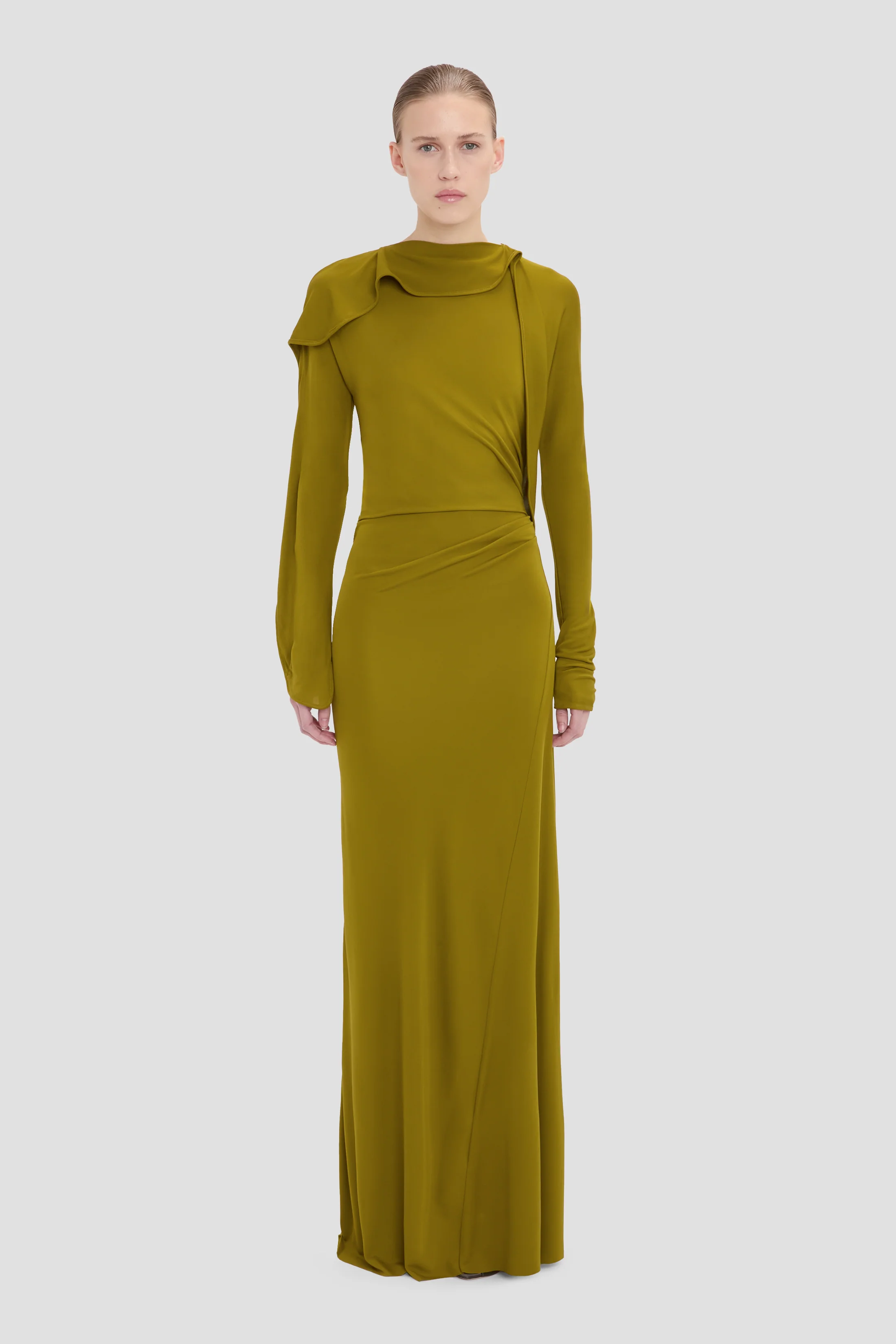2481-closed-neck-drape-gown-in-moss-1.webp Closed Neck Drape Gown In Moss