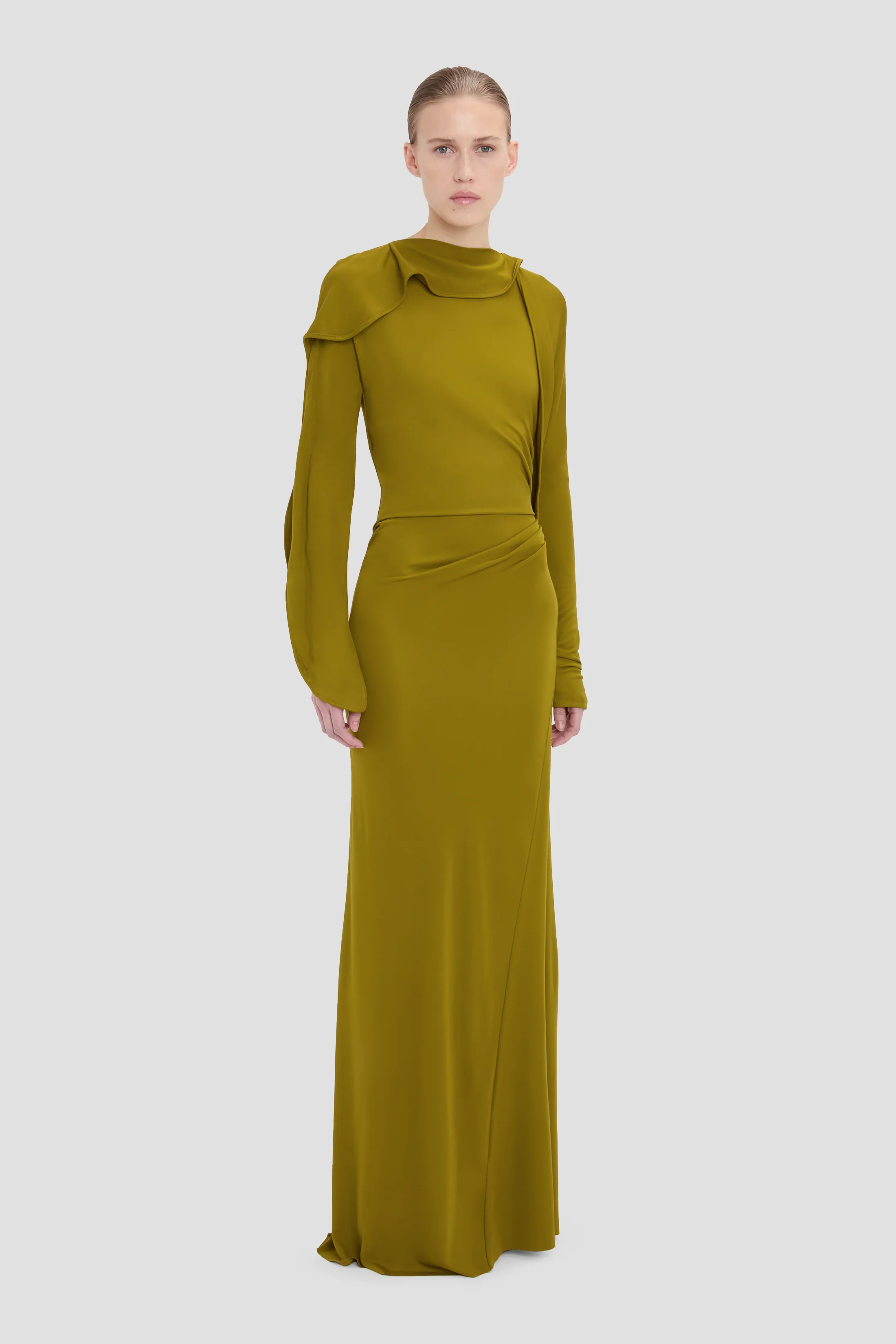 Closed Neck Drape Gown In Moss