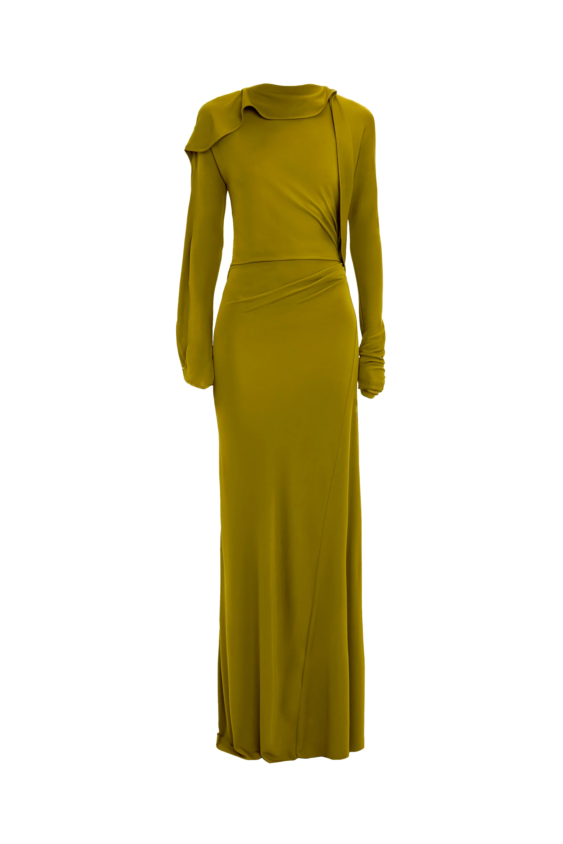 Closed Neck Drape Gown In Moss