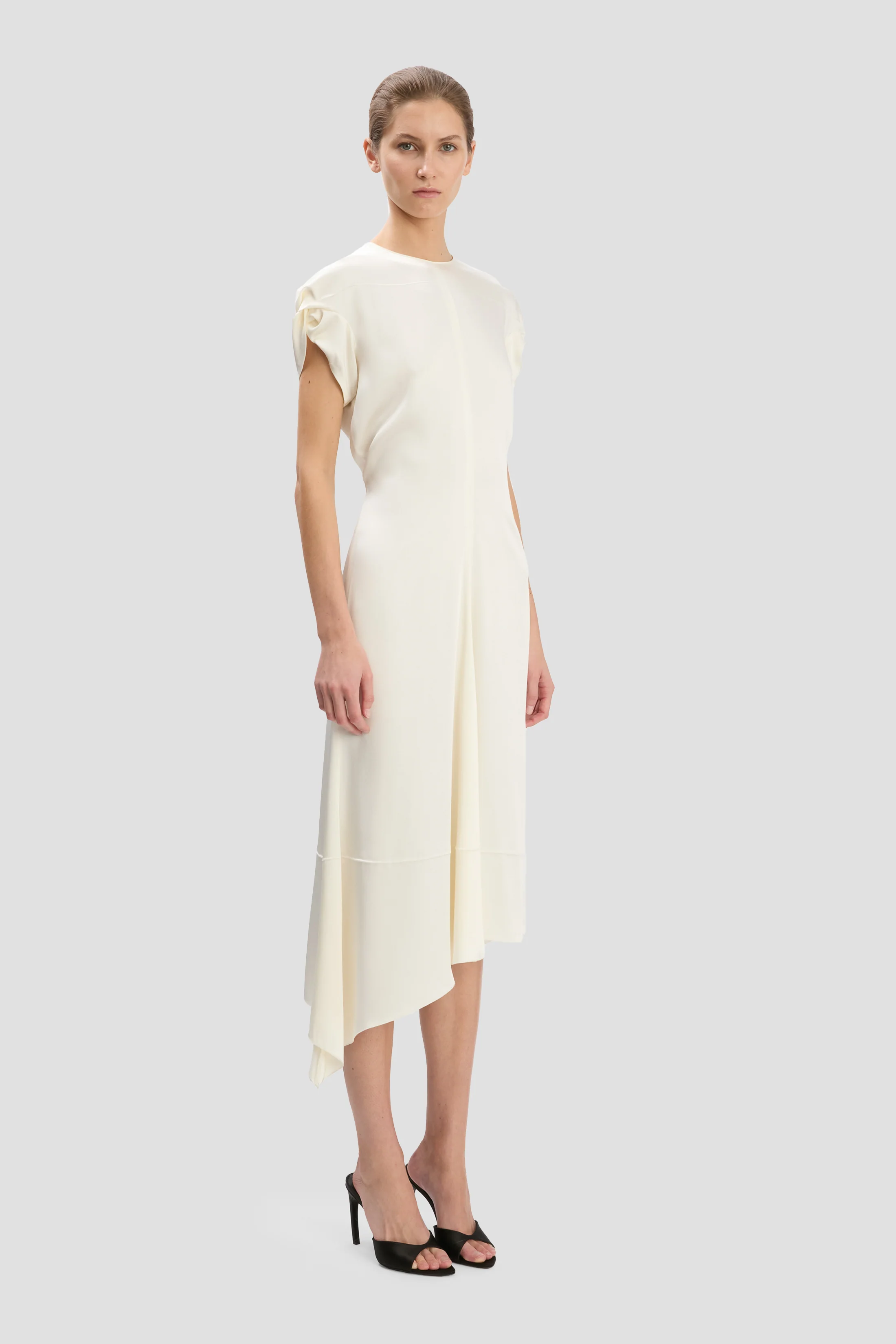 Twist Shoulder Dress In Ivory