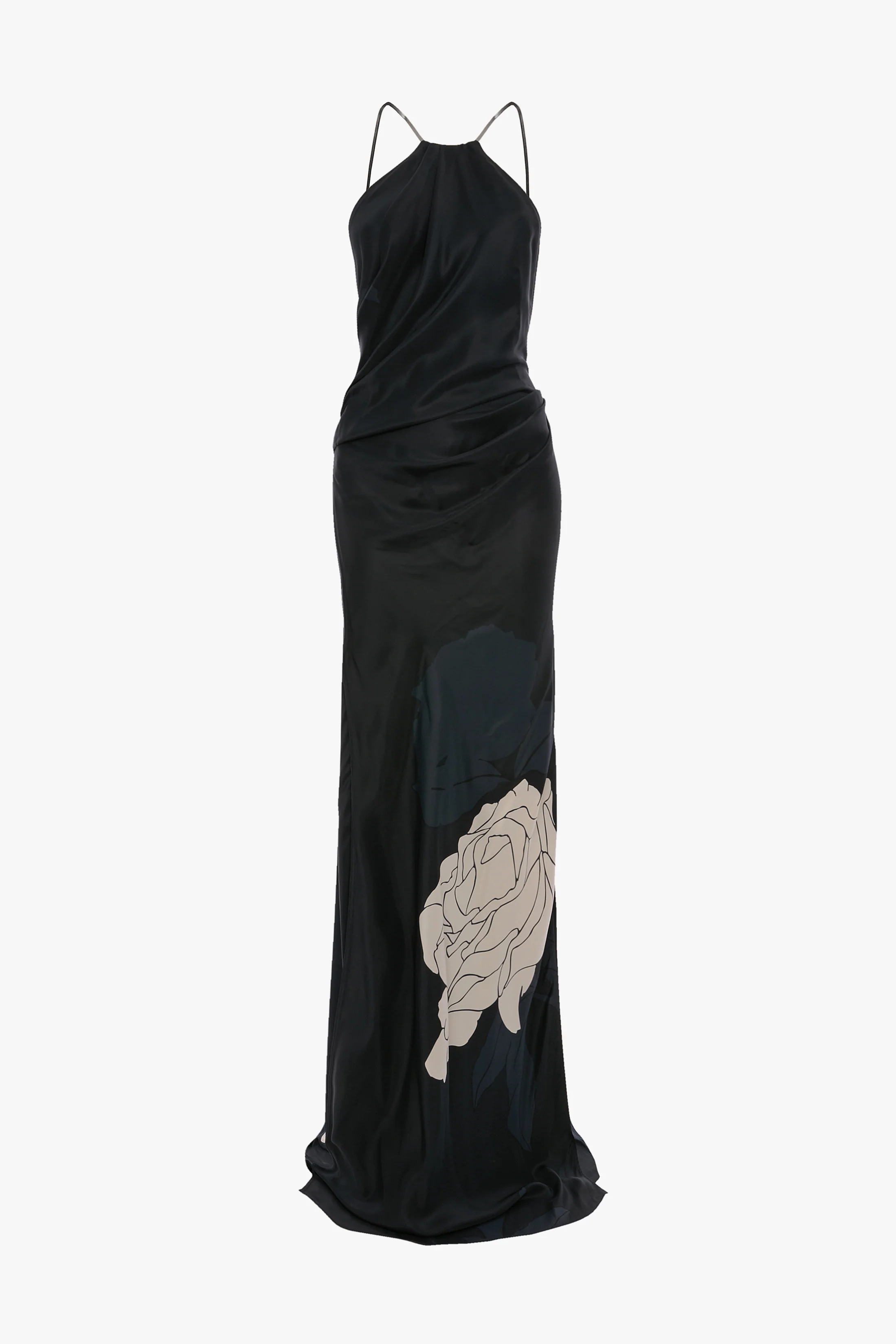 Chain Halter Gown In Dark Navy Floral Print