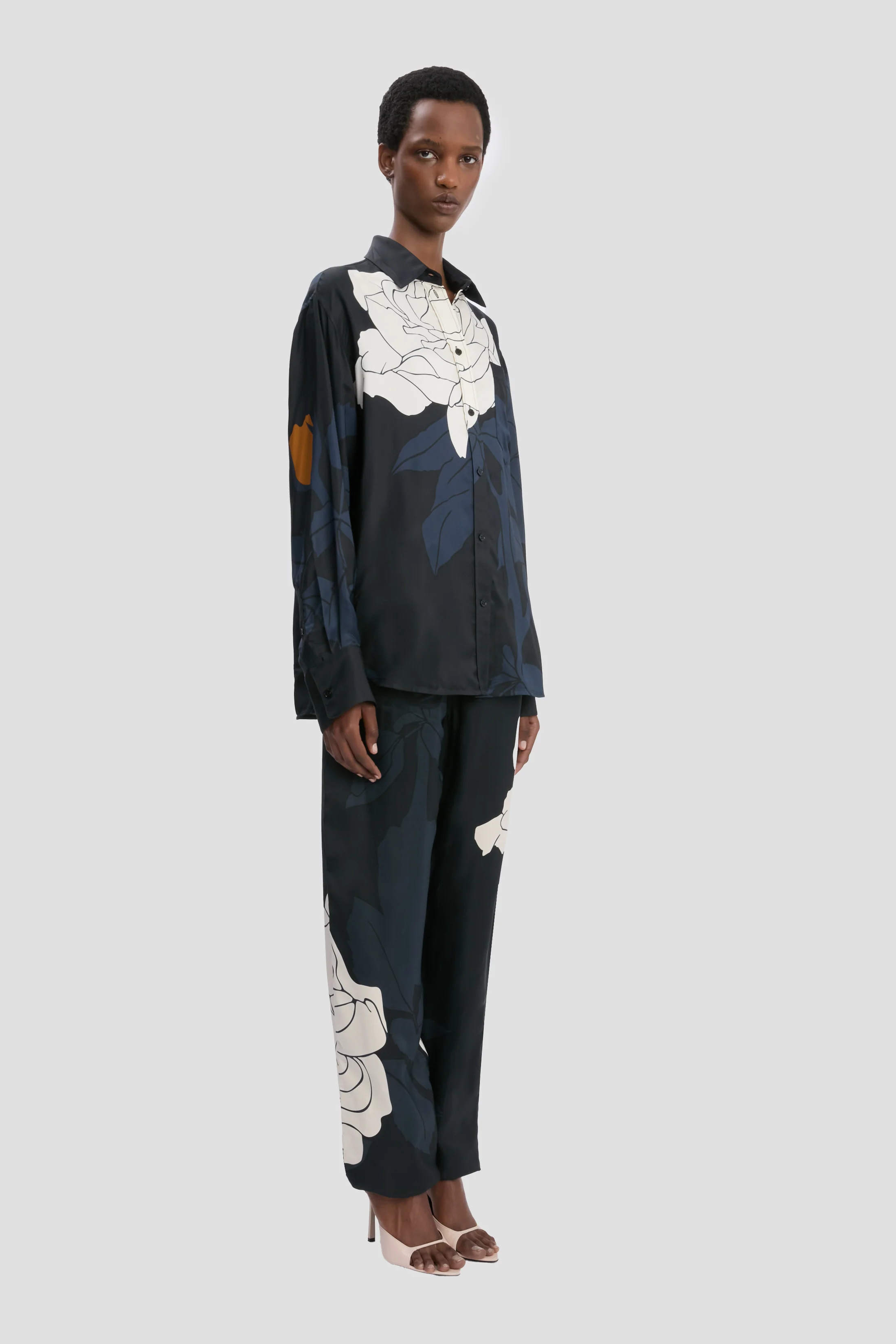 Pyjama Shirt In Dark Navy Floral Print