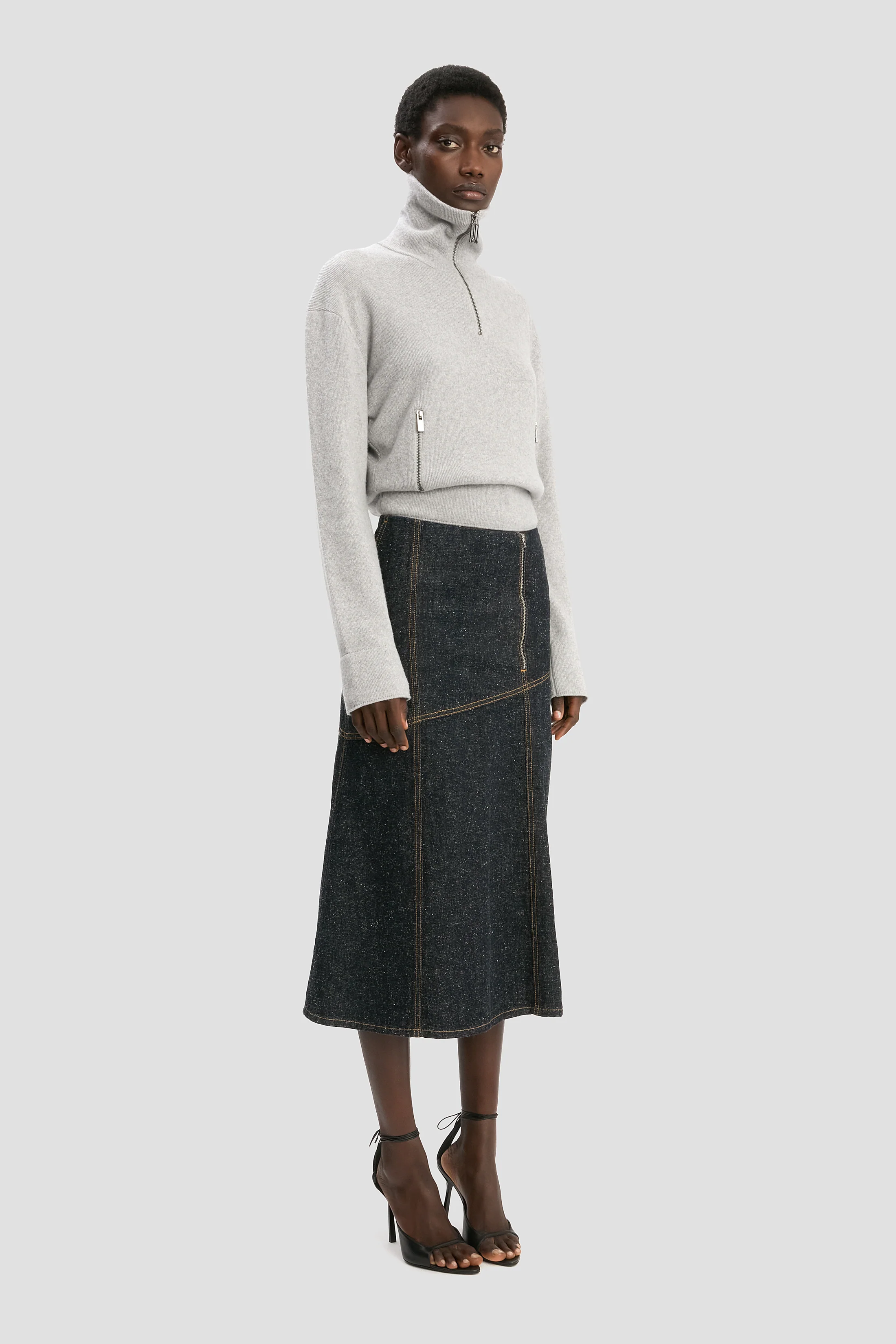 Panelled Denim Midi Skirt In Indigo
